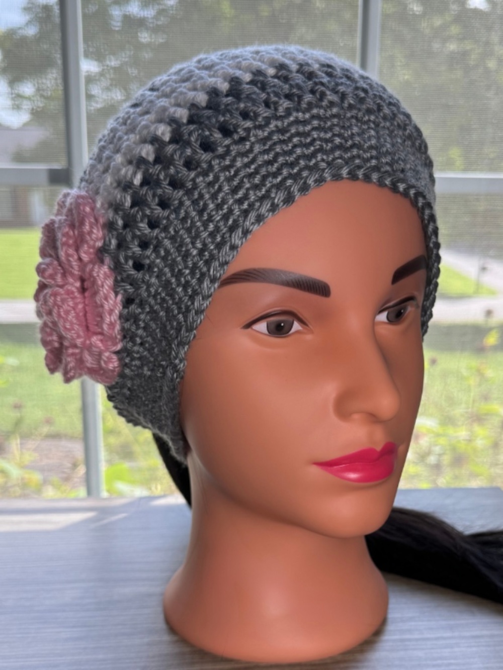 Women's Gray and White Striped Crochet Ponytail Beanie with Pink Flower